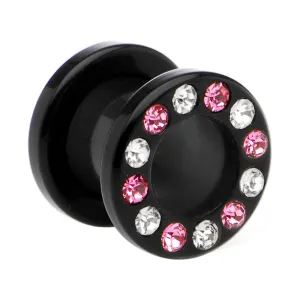 0 Gauge Black Acrylic Pink Multi Jeweled Flesh Tunnel