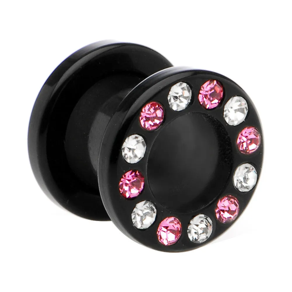 0 Gauge Black Acrylic Pink Multi Jeweled Flesh Tunnel