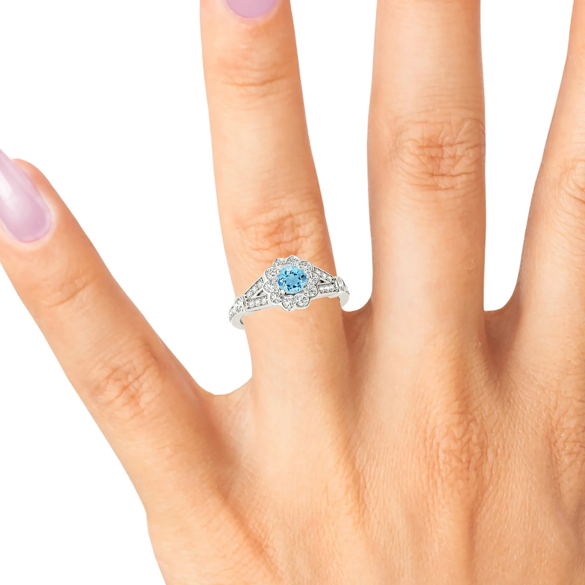 1.00 ct. Genuine Aquamarine Ring With Bezel Set Floral Halo