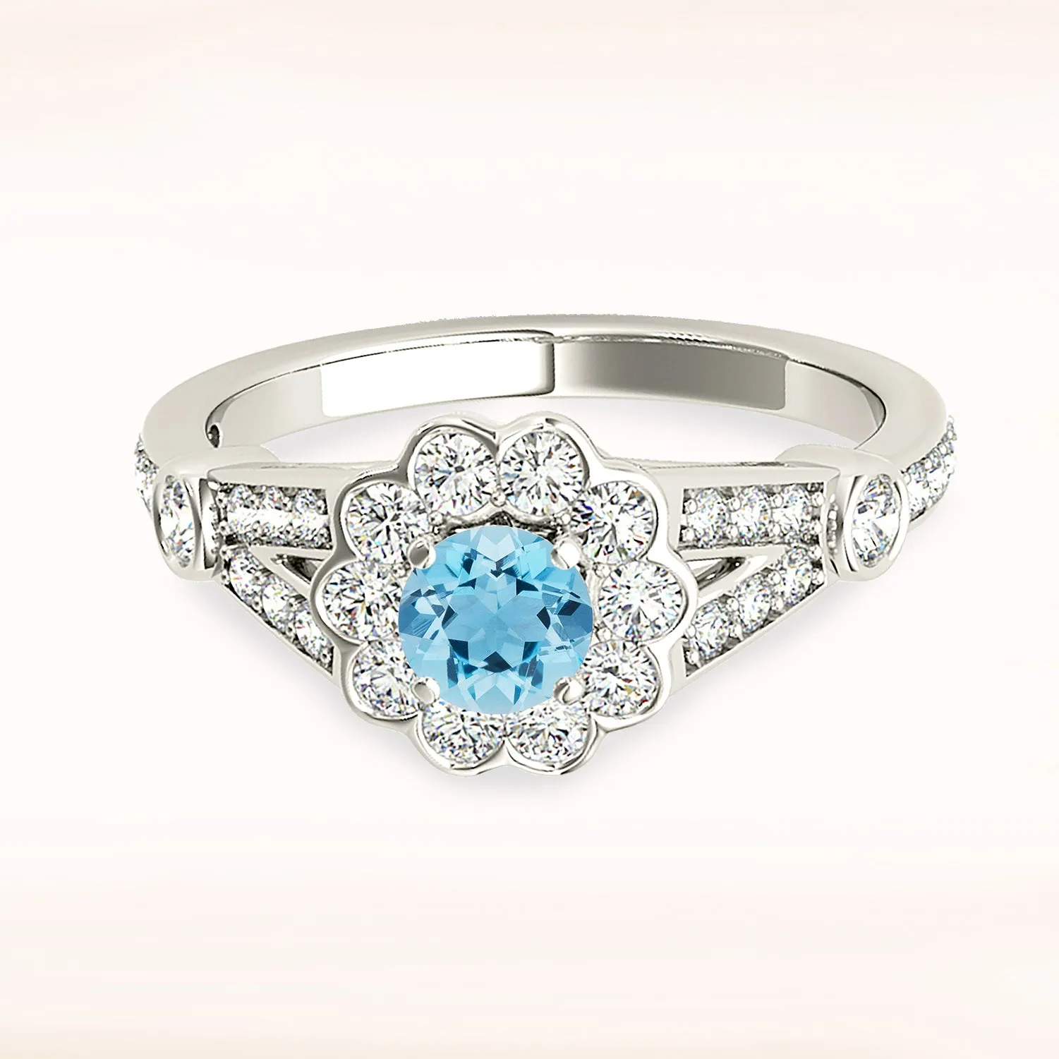 1.00 ct. Genuine Aquamarine Ring With Bezel Set Floral Halo