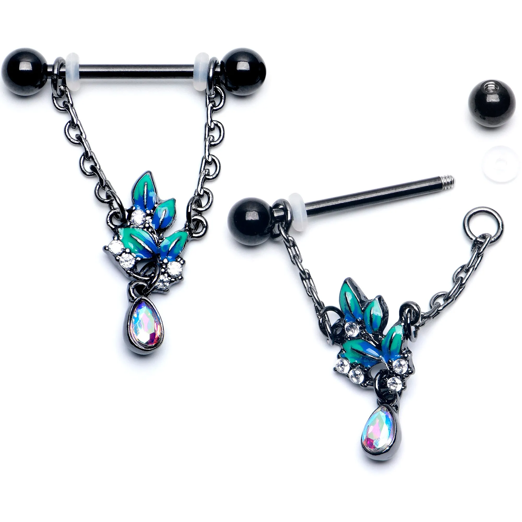 14 Gauge 9/16 Aurora CZ Gem Black Lush Leaves Dangle Nipple Ring Set