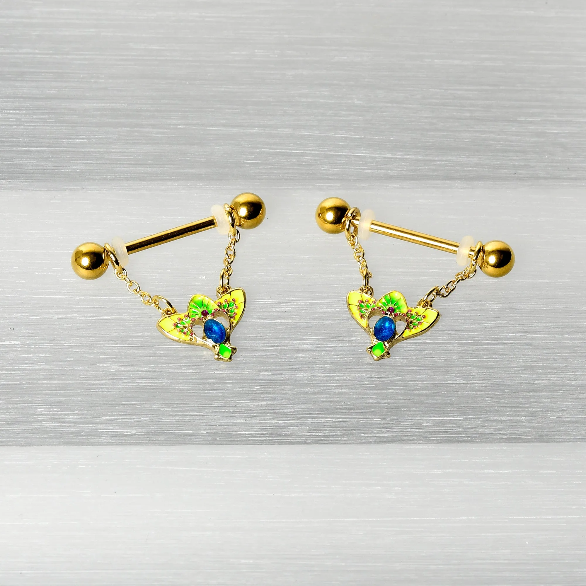 14 Gauge 9/16 Blue Gem Gold Hue Tropic Fan Chain Dangle Nipple Ring Set