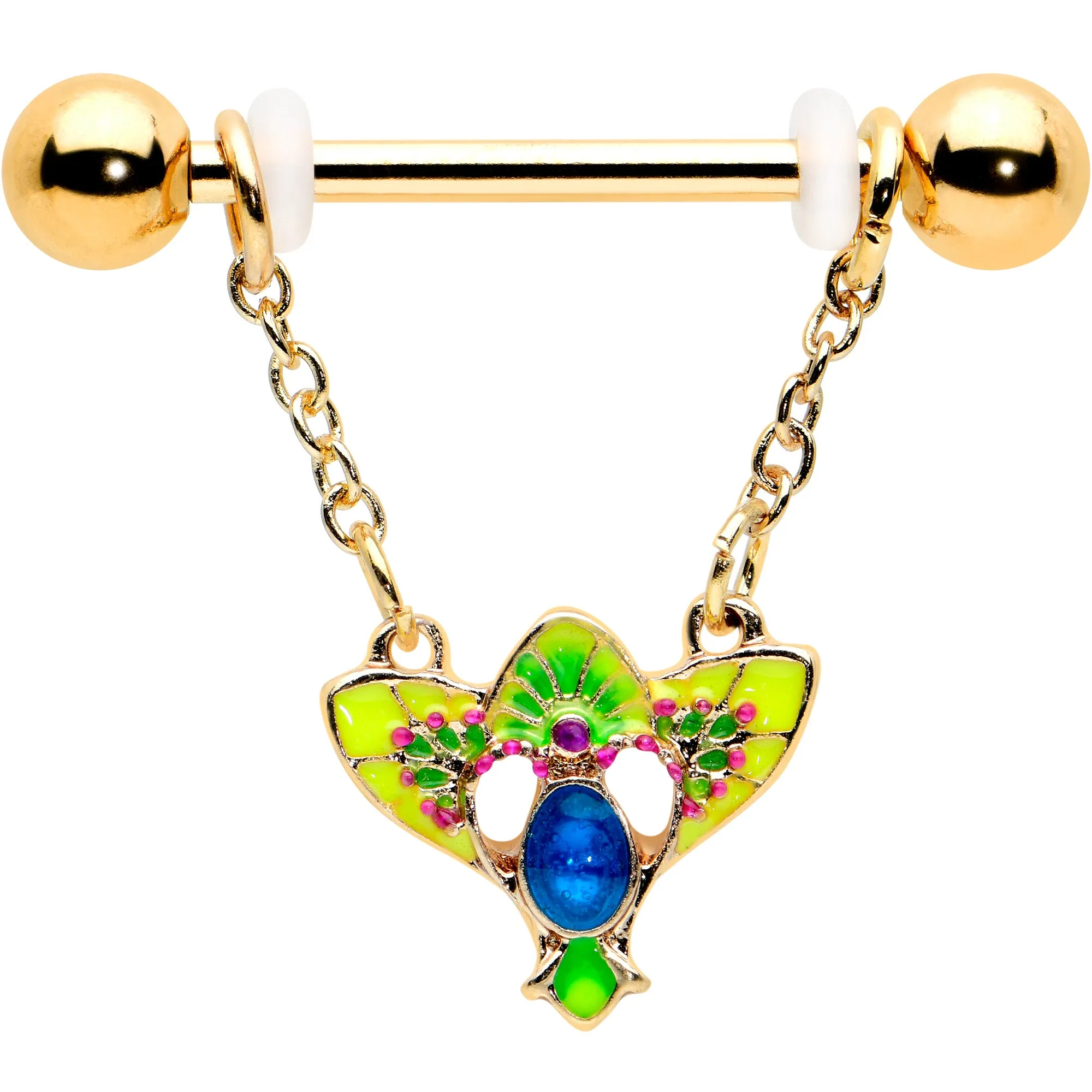 14 Gauge 9/16 Blue Gem Gold Hue Tropic Fan Chain Dangle Nipple Ring Set