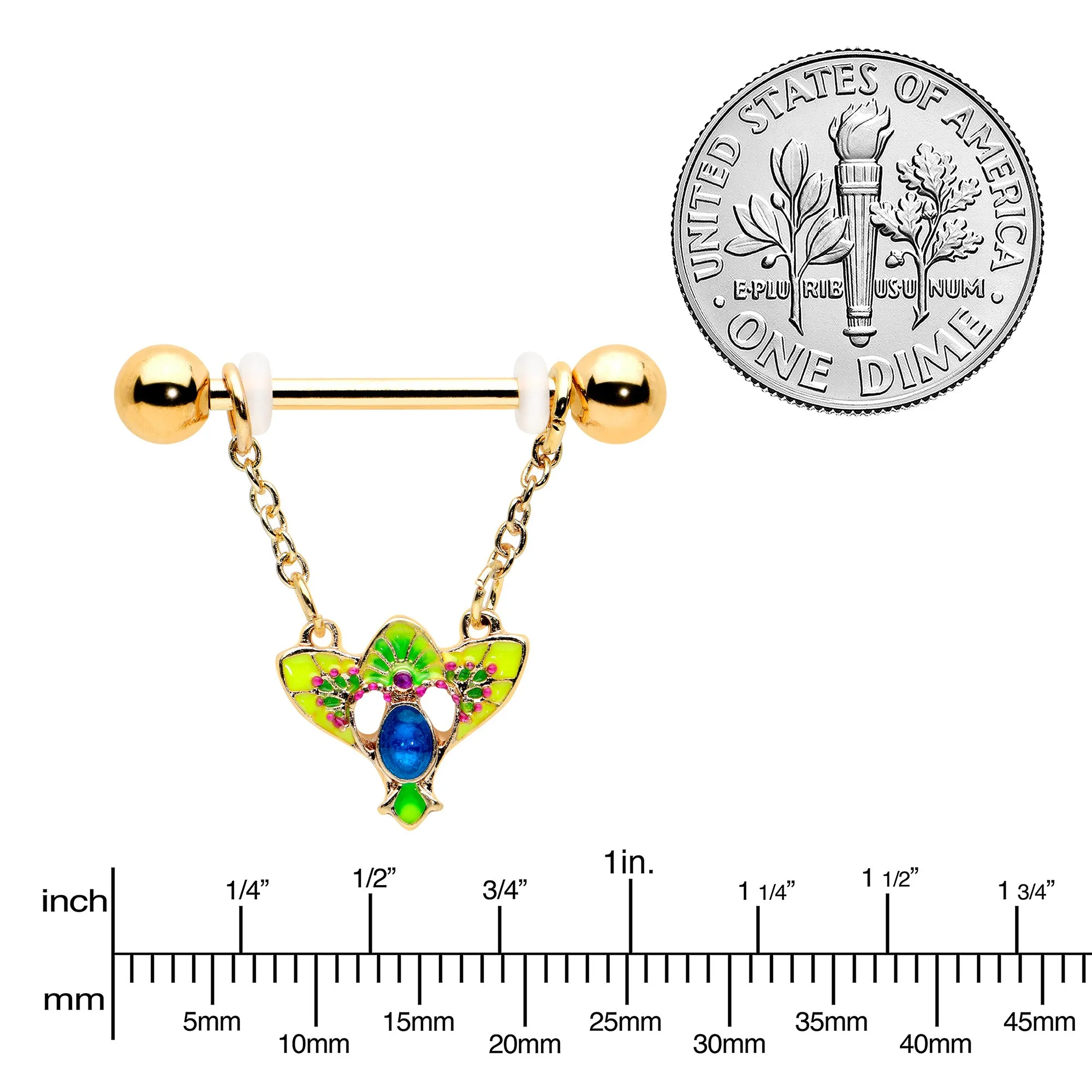 14 Gauge 9/16 Blue Gem Gold Hue Tropic Fan Chain Dangle Nipple Ring Set