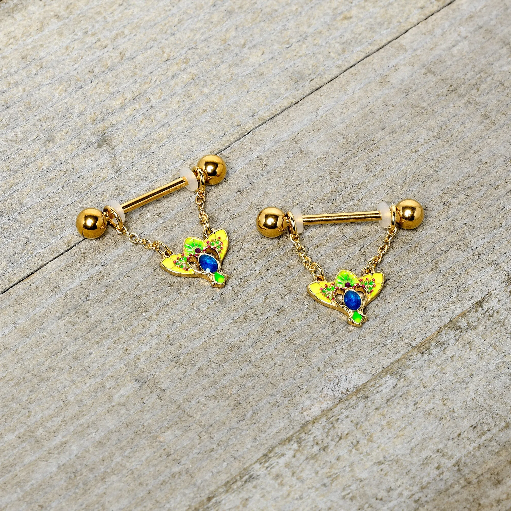 14 Gauge 9/16 Blue Gem Gold Hue Tropic Fan Chain Dangle Nipple Ring Set