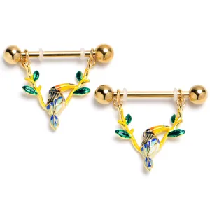 14 Gauge 9/16 Green Gem Gold Tone Tropical Toucan Dangle Nipple Ring Set