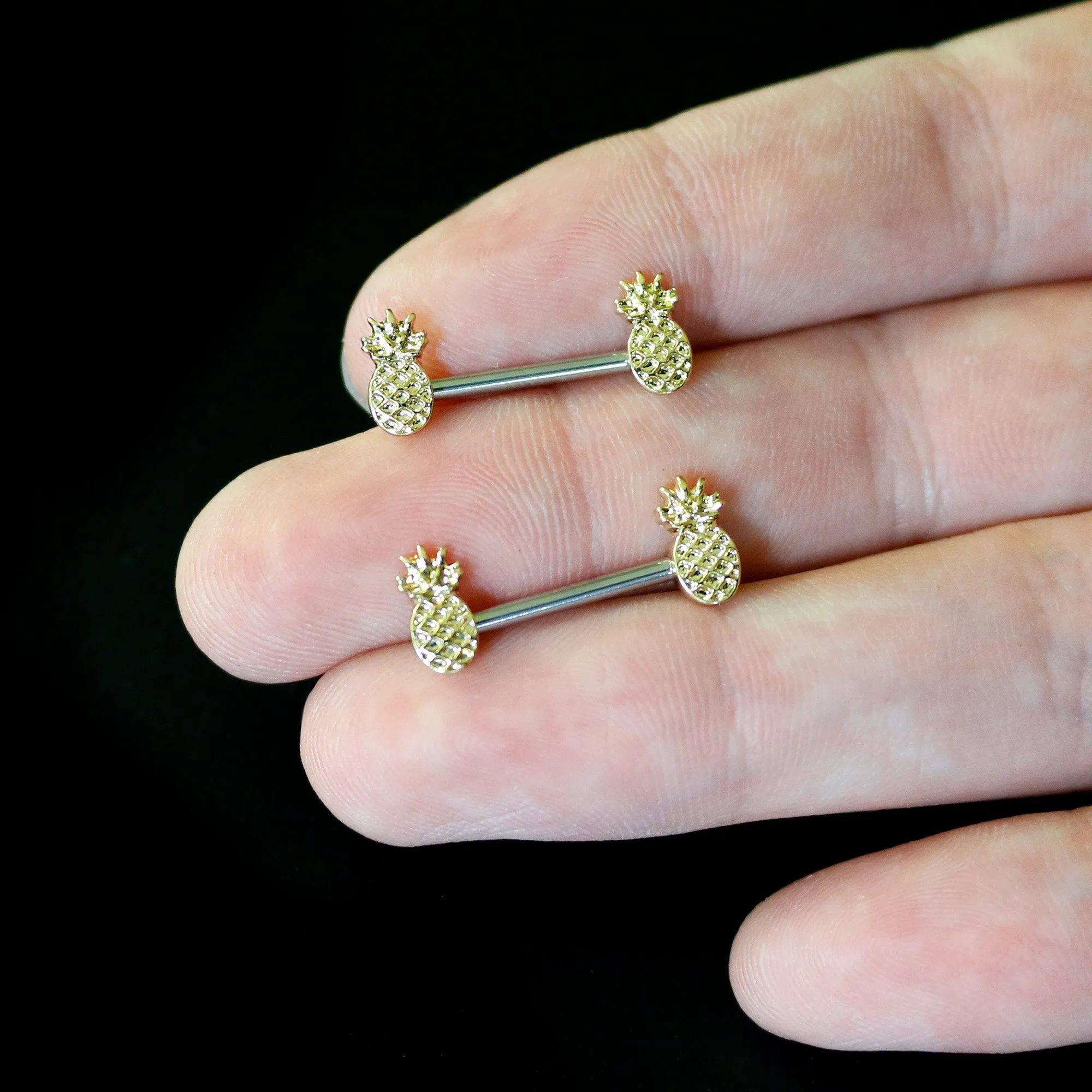 14 Gauge 9/16 Lacy Golden Pineapples Barbell Nipple Ring Set