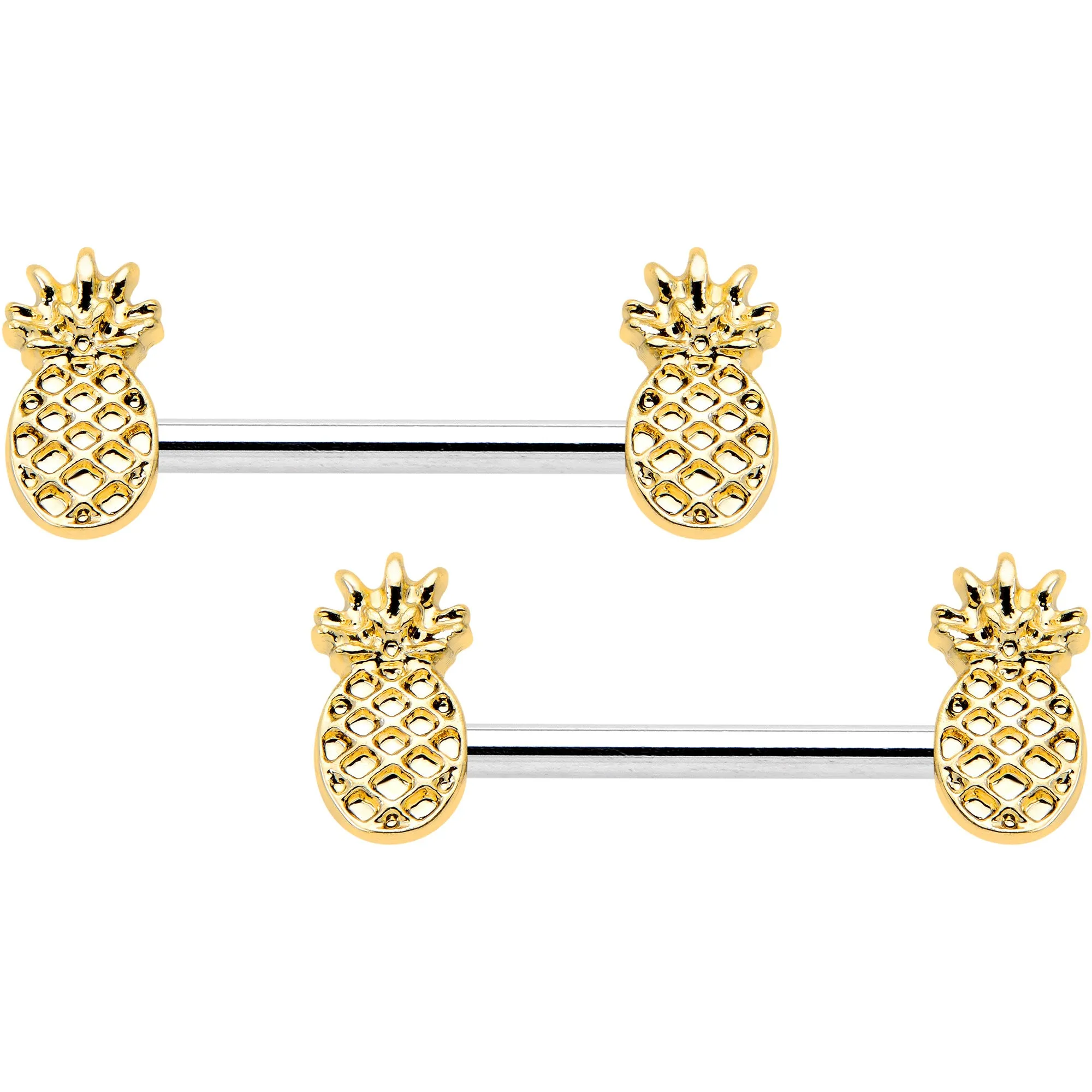 14 Gauge 9/16 Lacy Golden Pineapples Barbell Nipple Ring Set