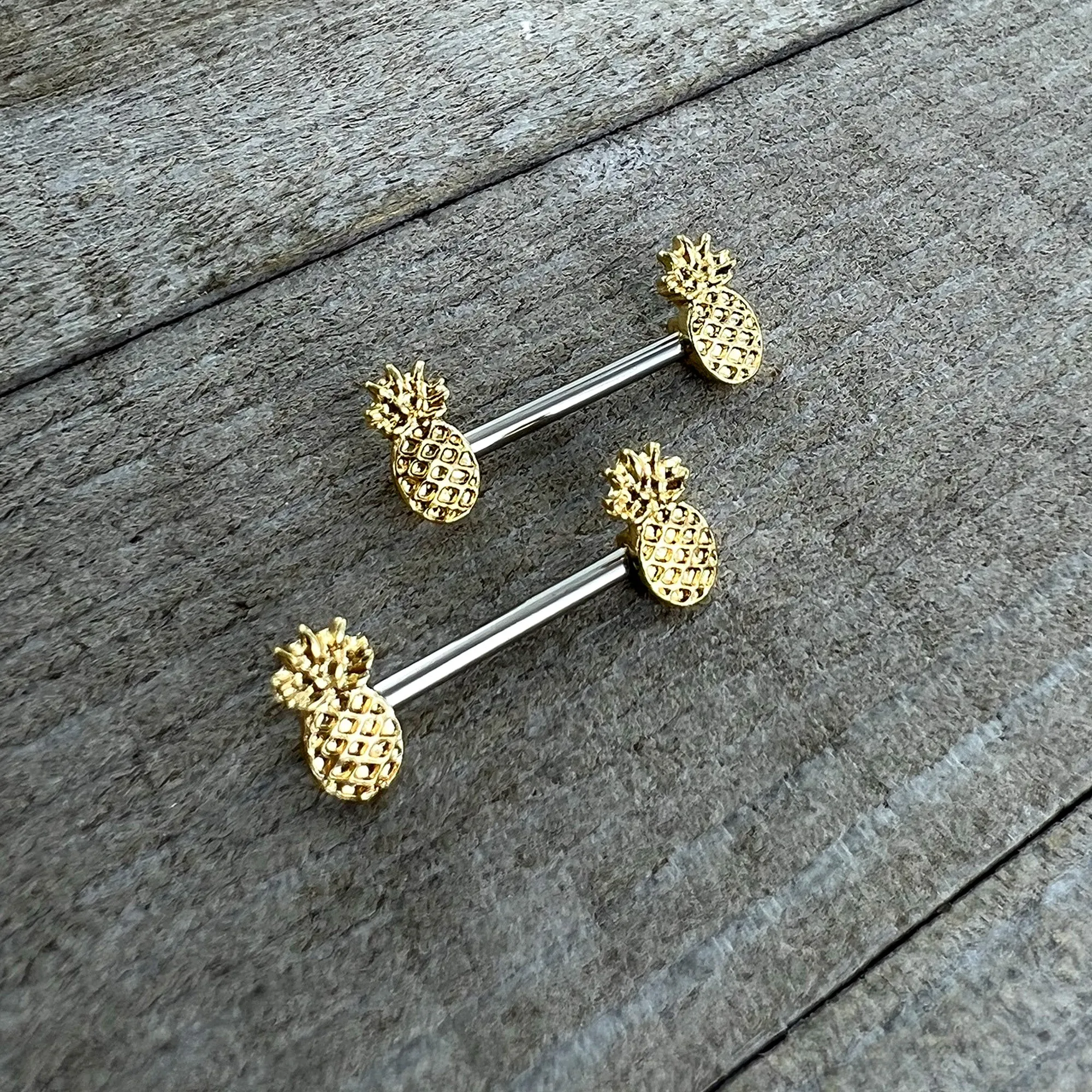 14 Gauge 9/16 Lacy Golden Pineapples Barbell Nipple Ring Set