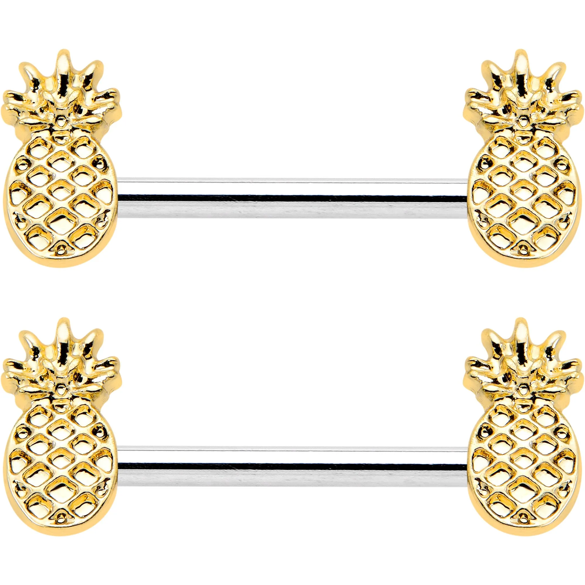 14 Gauge 9/16 Lacy Golden Pineapples Barbell Nipple Ring Set