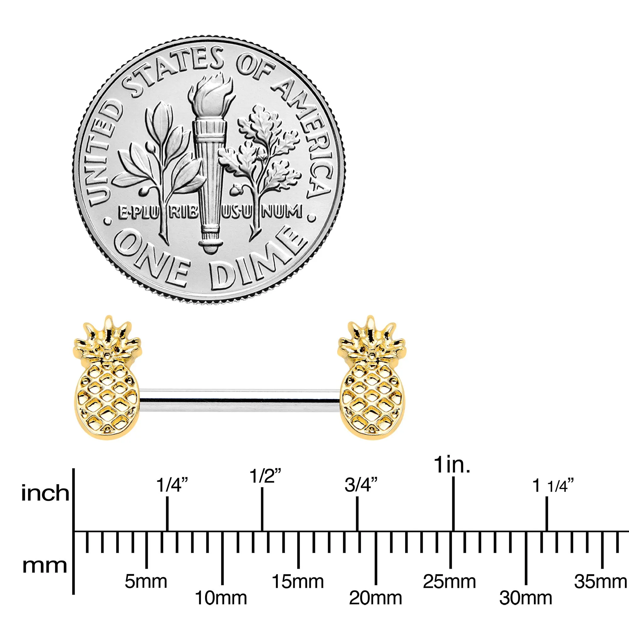 14 Gauge 9/16 Lacy Golden Pineapples Barbell Nipple Ring Set