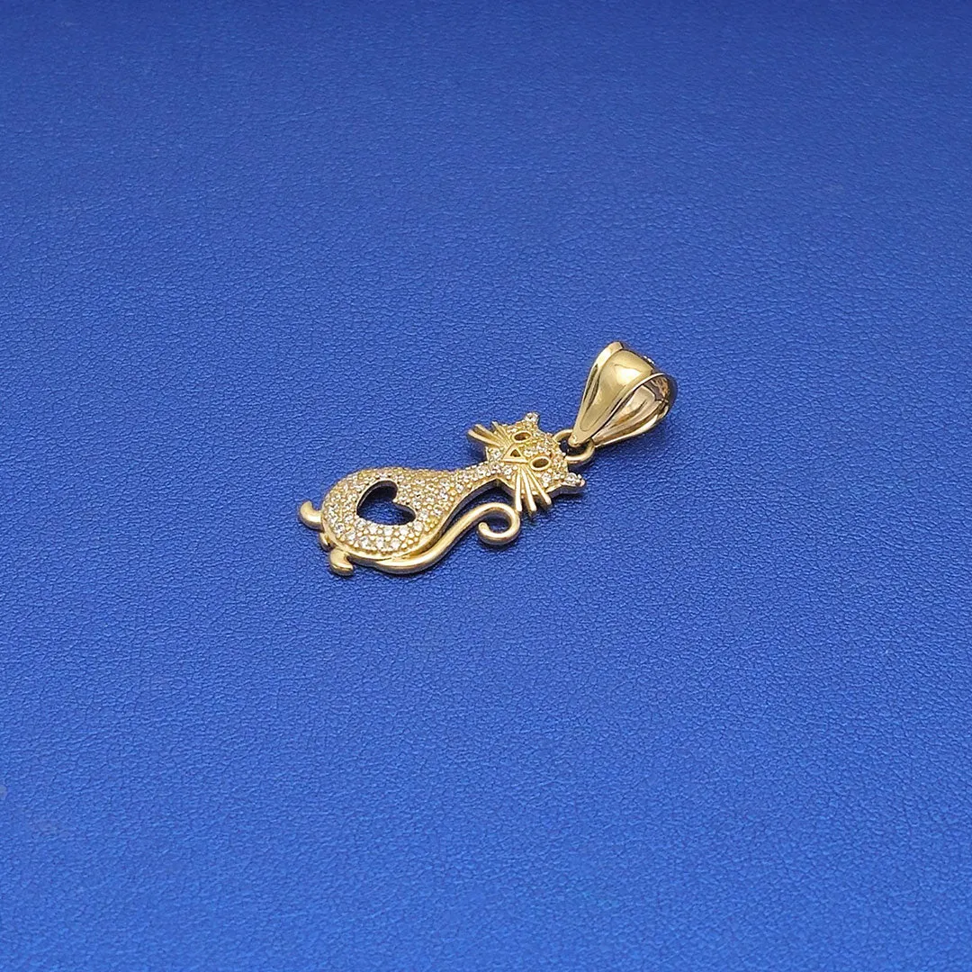 14k CZ Kitty Cat & Heart Pendant