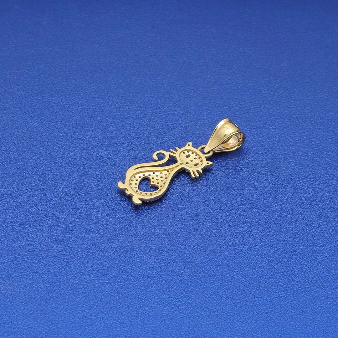 14k CZ Kitty Cat & Heart Pendant