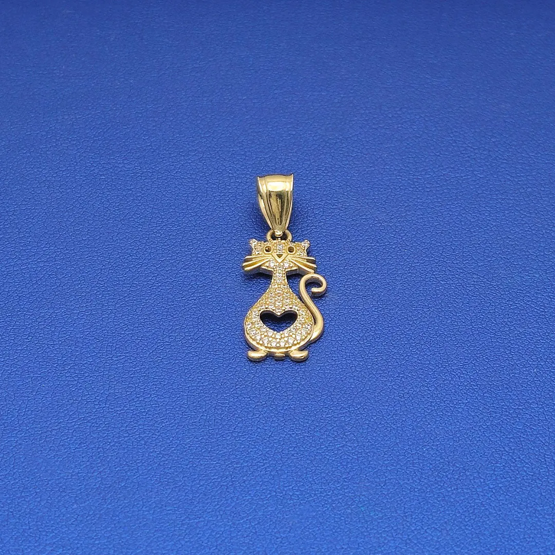 14k CZ Kitty Cat & Heart Pendant