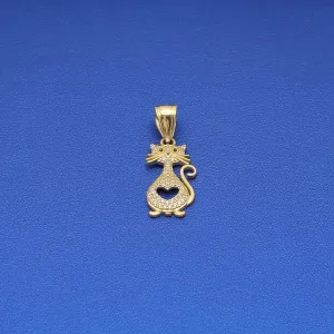 14k CZ Kitty Cat & Heart Pendant