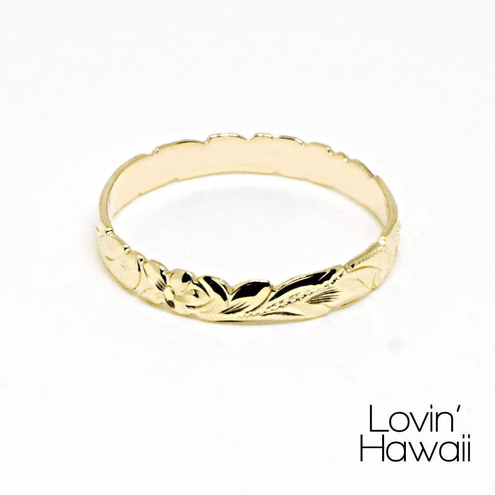14K Gold Hawaiian Flower Wedding Ring, Engraved With Hawaiian Heritage Design,  (3mm Width)
