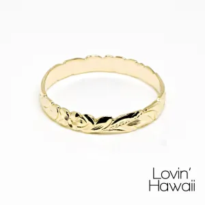 14K Gold Hawaiian Flower Wedding Ring, Engraved With Hawaiian Heritage Design,  (3mm Width)