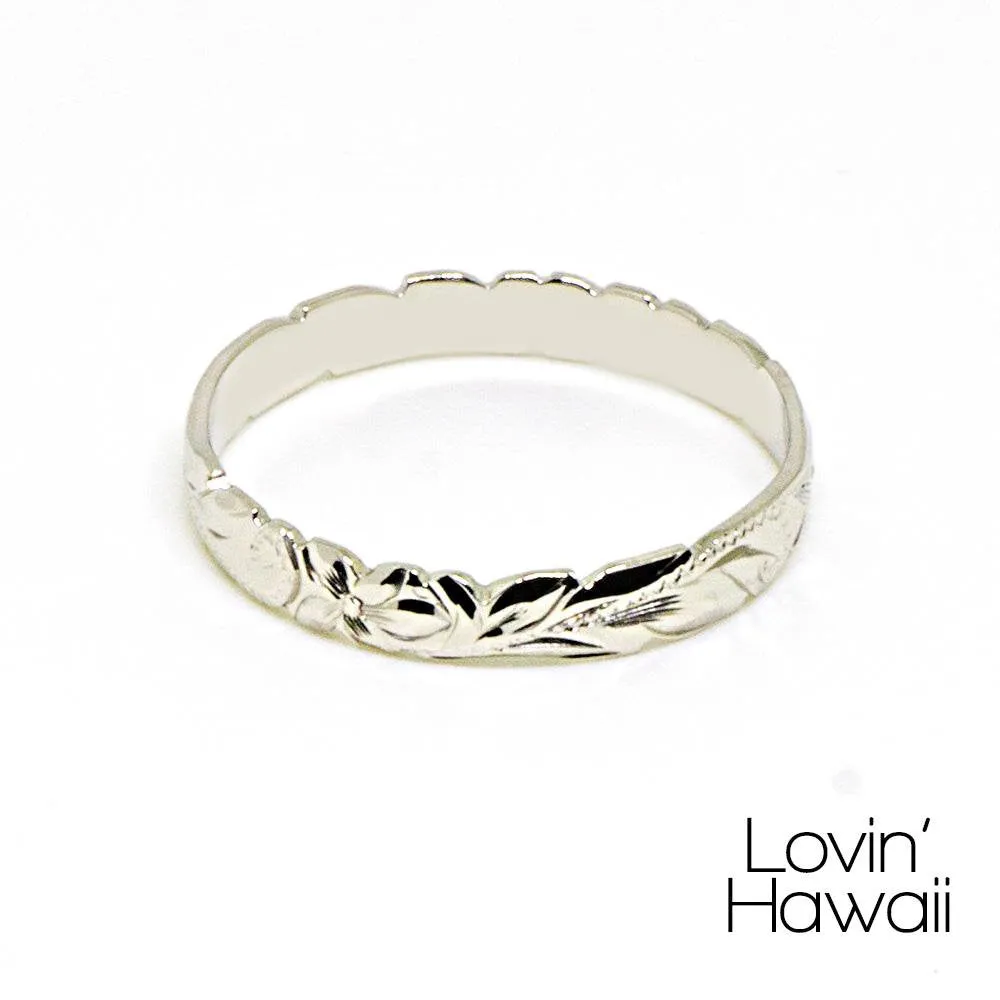 14K Gold Hawaiian Flower Wedding Ring, Engraved With Hawaiian Heritage Design,  (3mm Width)