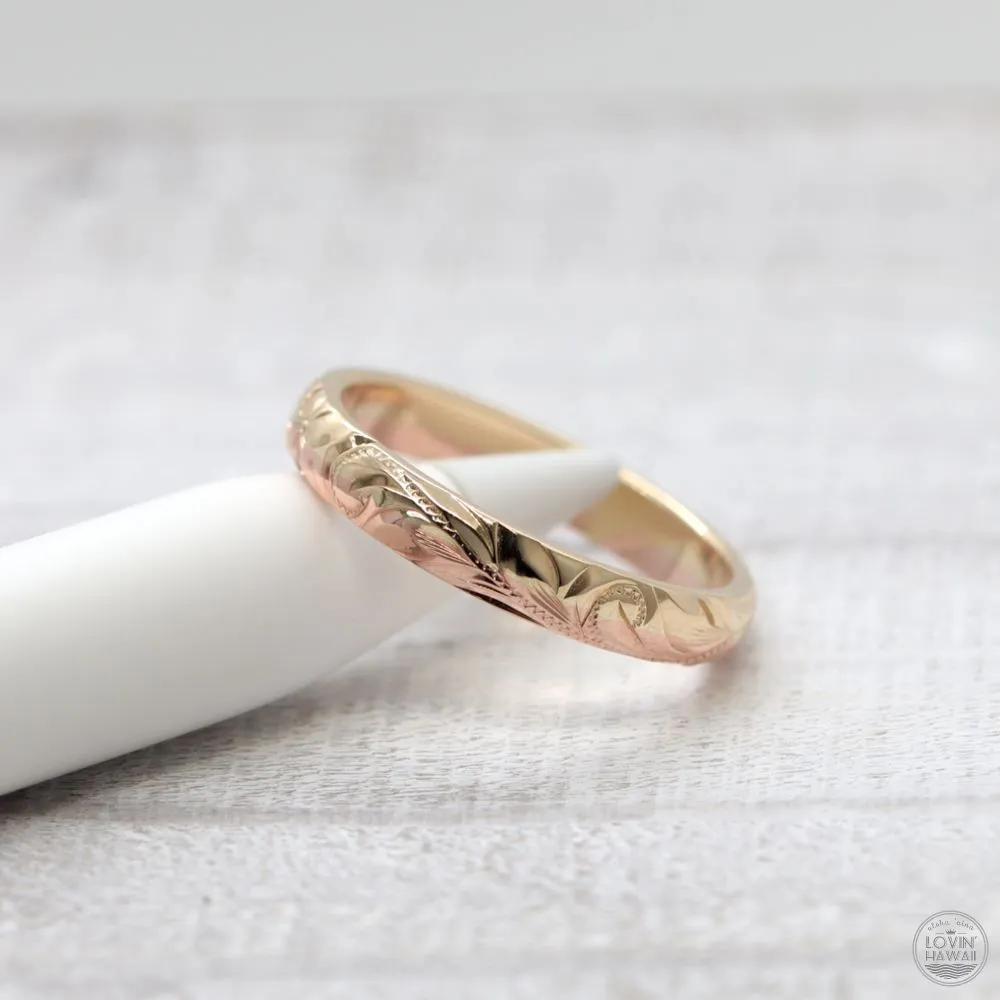 14K Gold Hawaiian Rings with Hand Engraved Hawaiian Heritage Design  (3mm Barrel Shape)