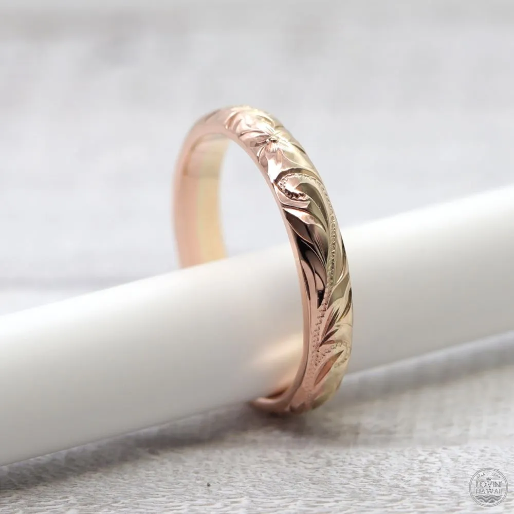 14K Gold Hawaiian Rings with Hand Engraved Hawaiian Heritage Design  (3mm Barrel Shape)