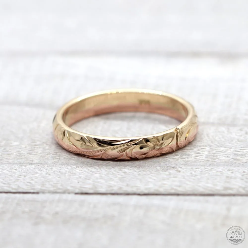 14K Gold Hawaiian Rings with Hand Engraved Hawaiian Heritage Design  (3mm Barrel Shape)