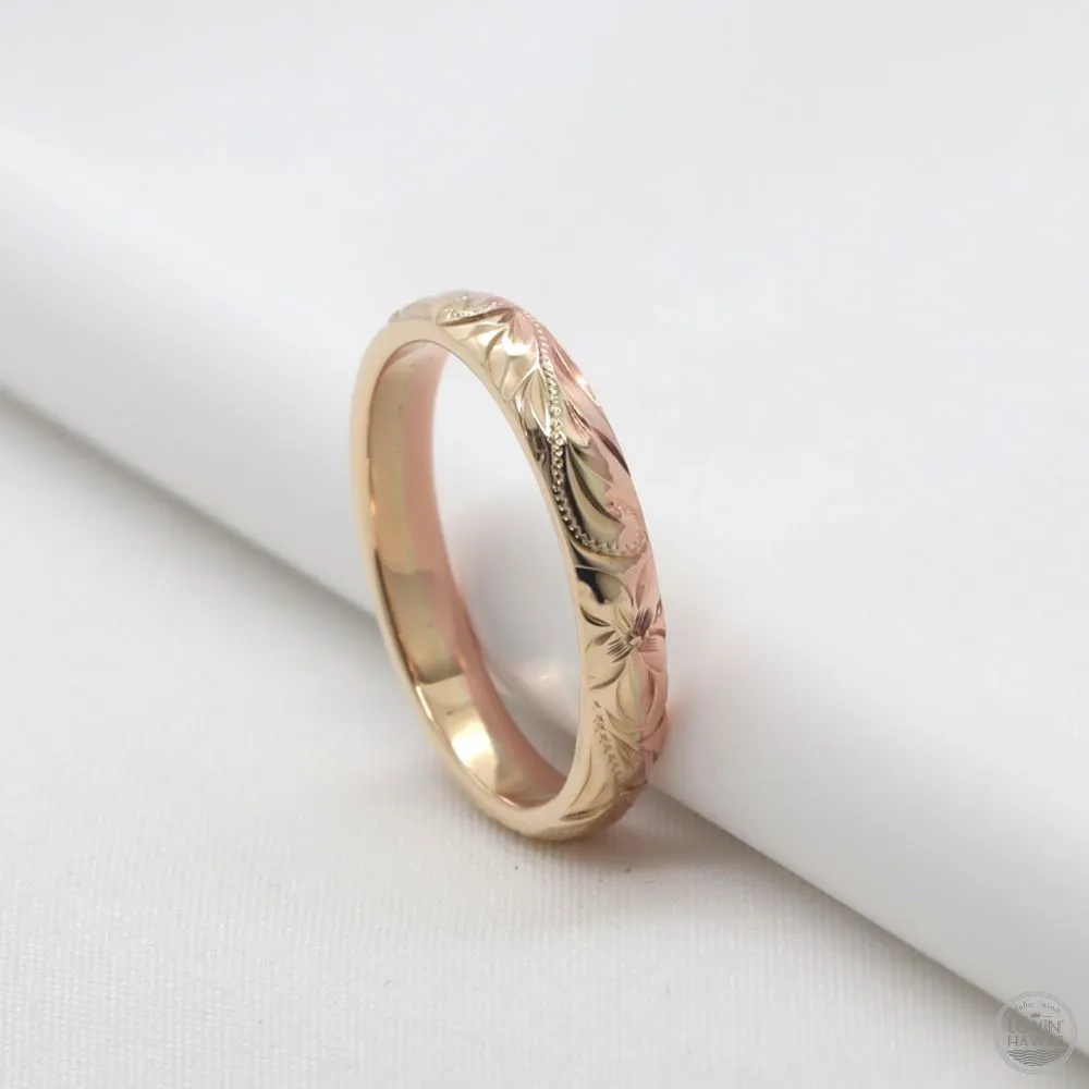 14K Gold Hawaiian Rings with Hand Engraved Hawaiian Heritage Design  (3mm Barrel Shape)