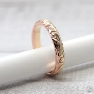 14K Gold Hawaiian Rings with Hand Engraved Hawaiian Heritage Design  (3mm Barrel Shape)