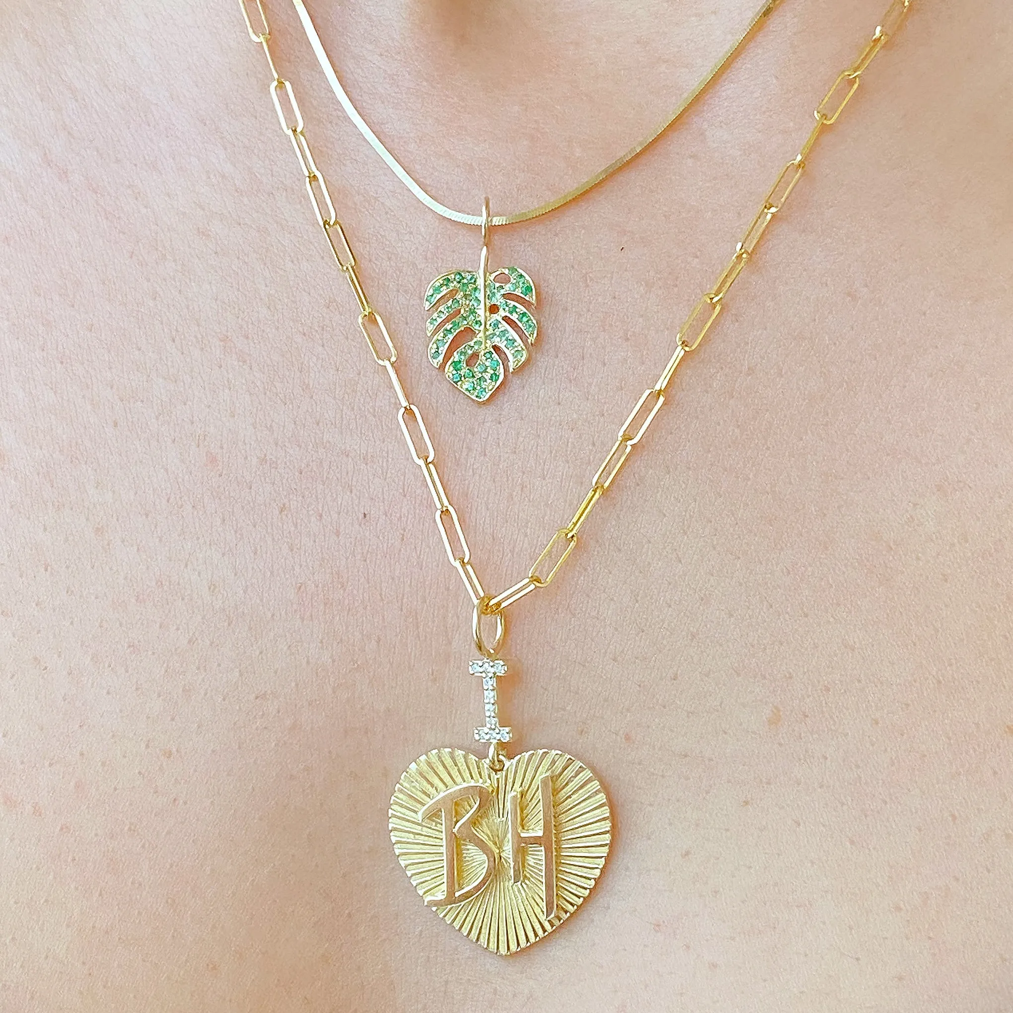 14K Gold Pavé Emerald Monstera Palm Leaf Necklace