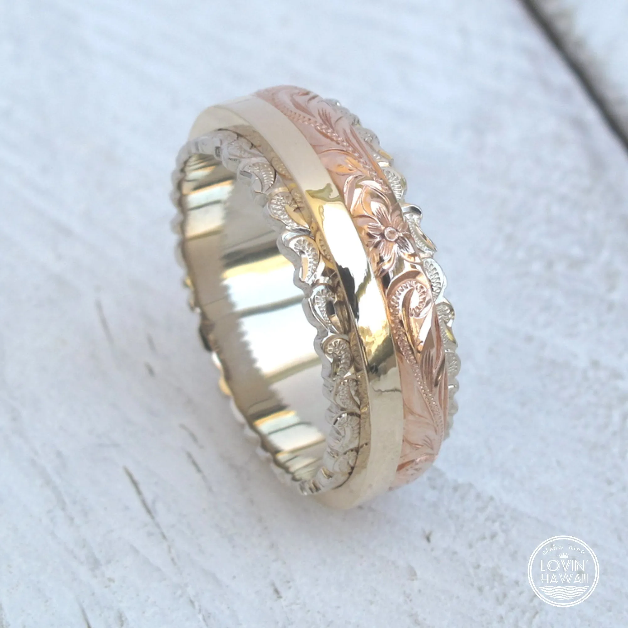 14K Gold Three Tone Gold Ring, (8mm Width)