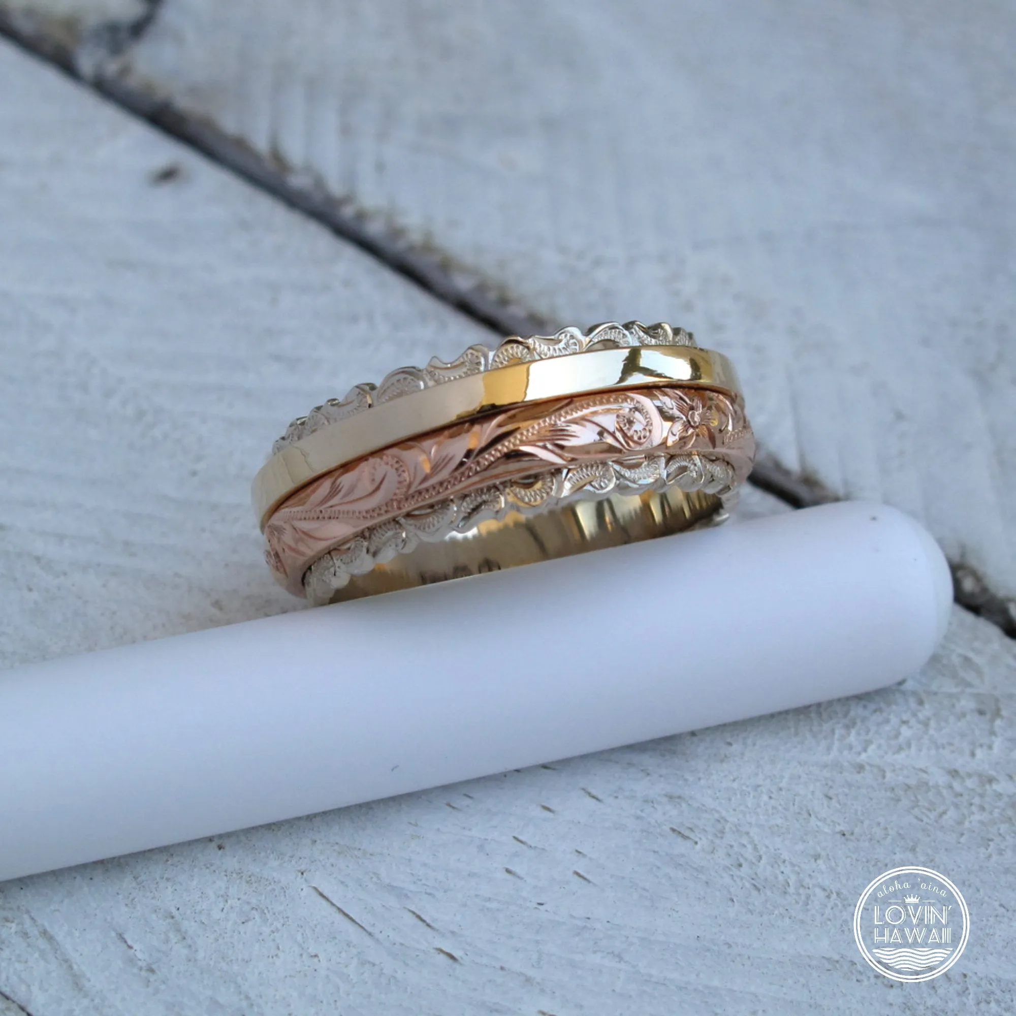 14K Gold Three Tone Gold Ring, (8mm Width)