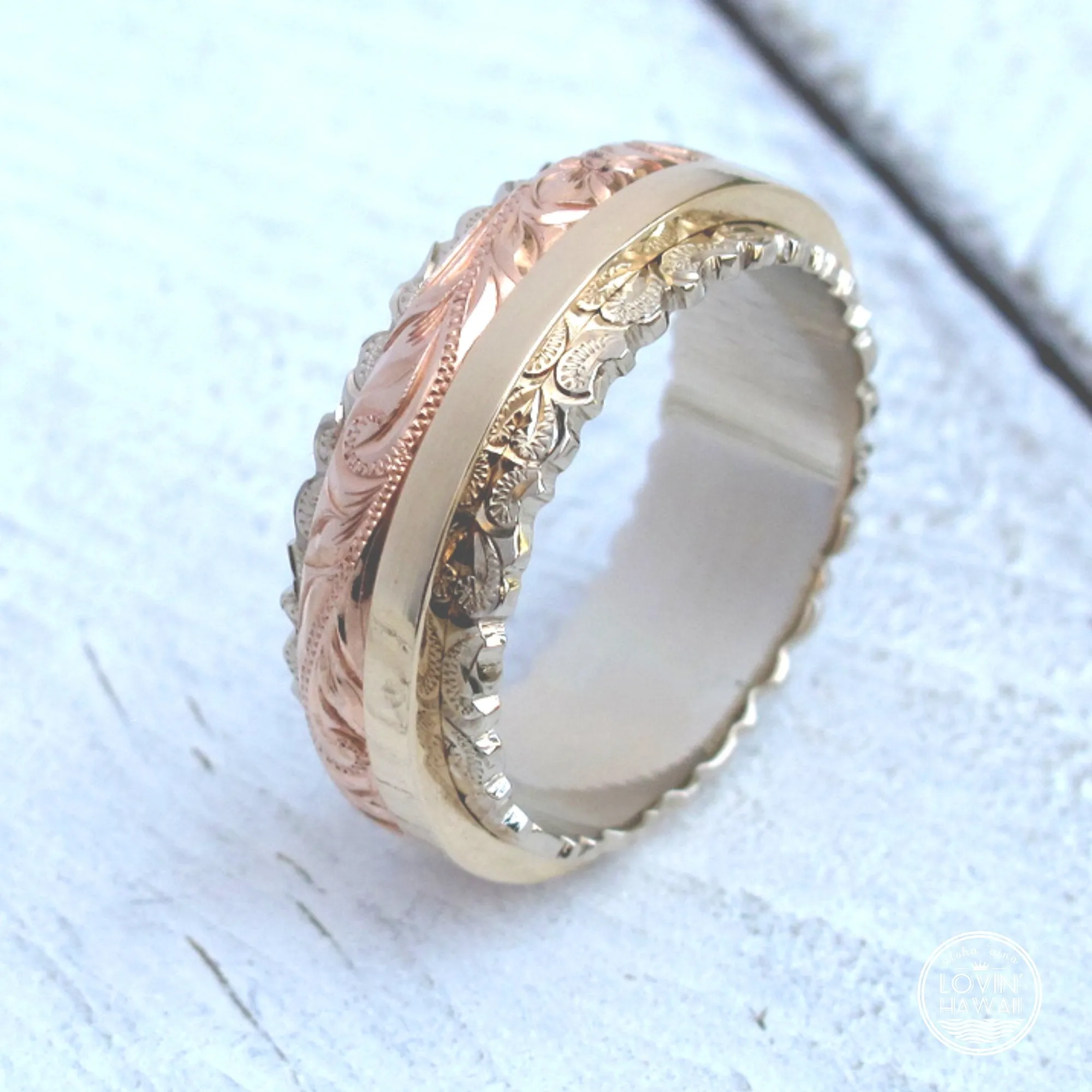 14K Gold Three Tone Gold Ring, (8mm Width)