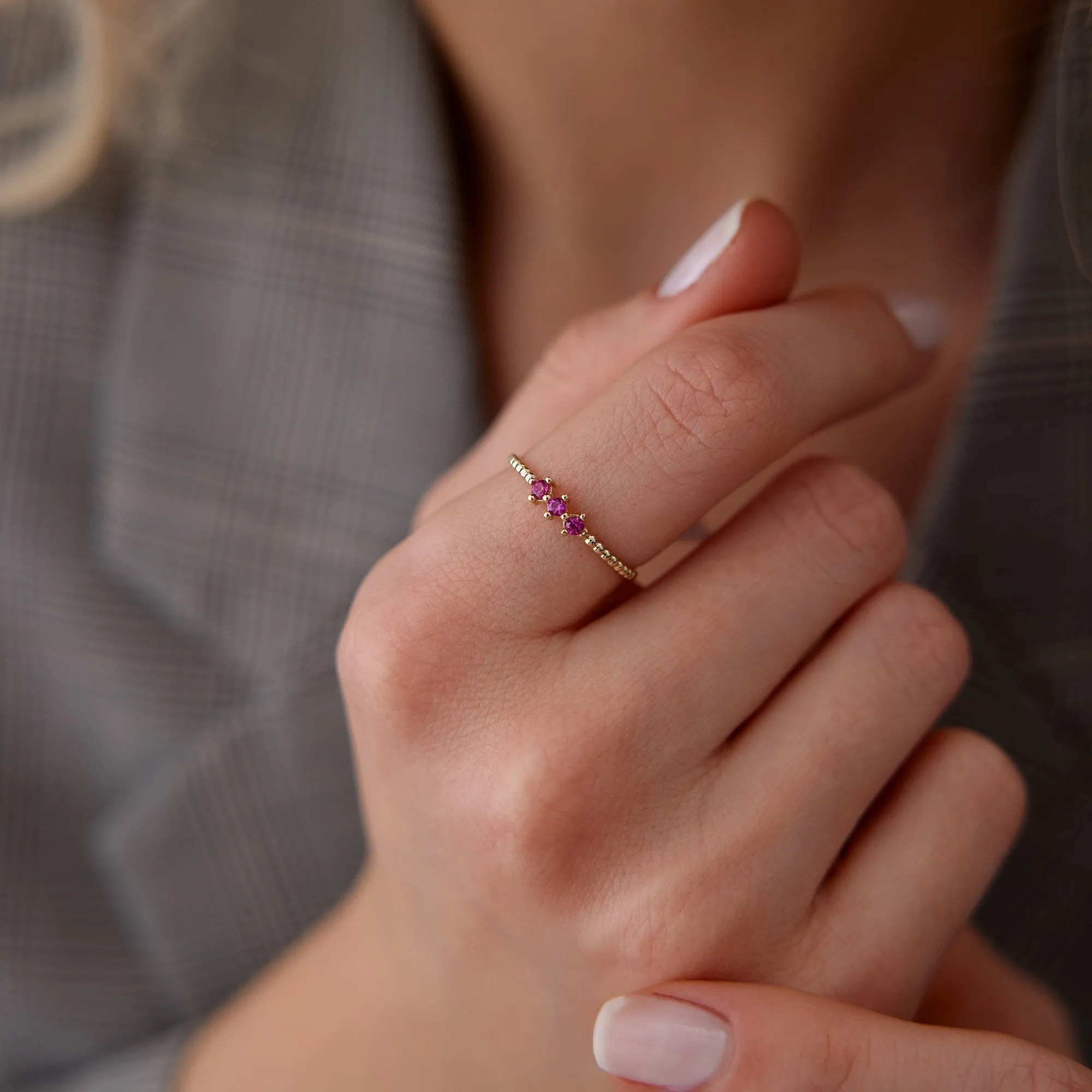 14k Gold Tria Fuchsia Stone Ring