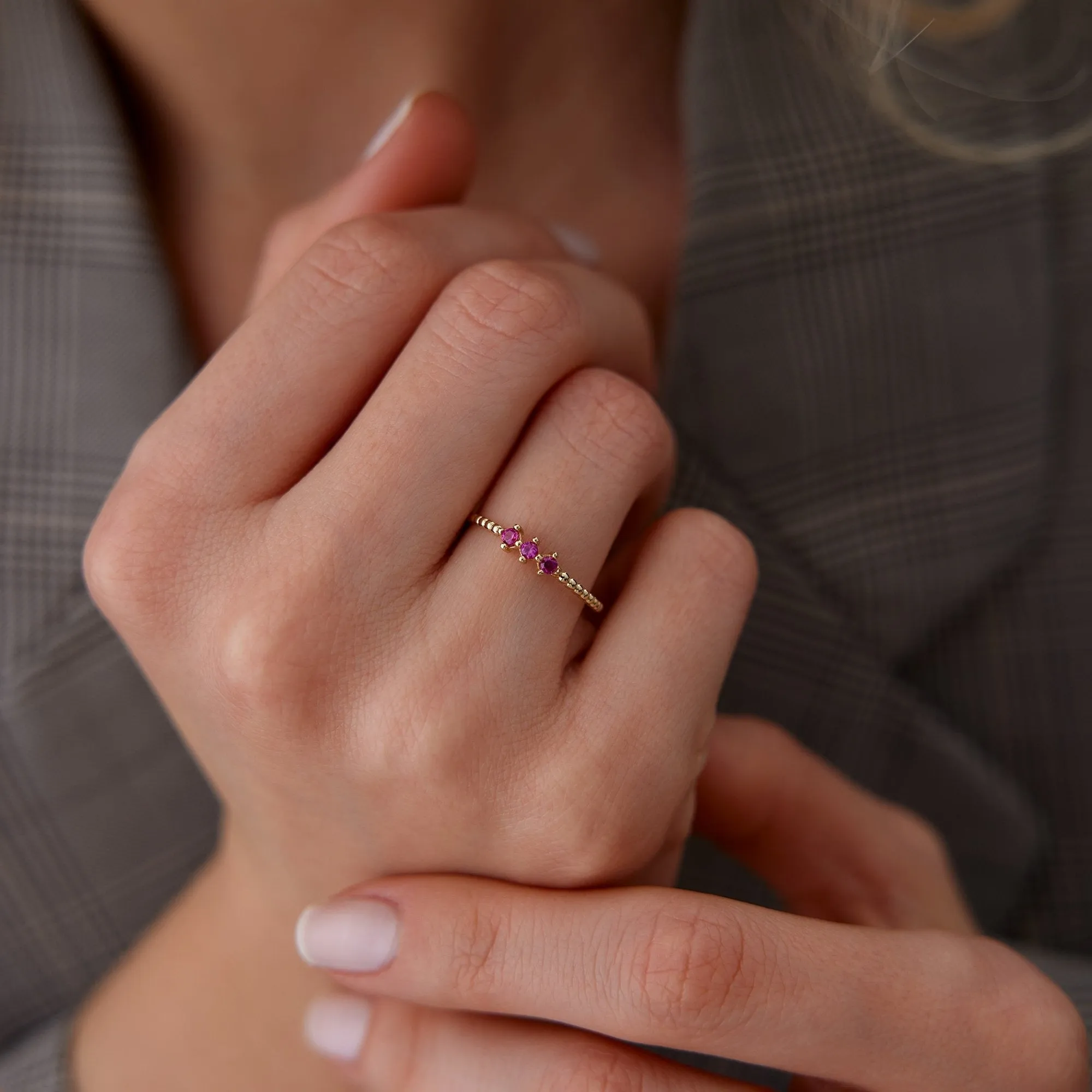 14k Gold Tria Fuchsia Stone Ring
