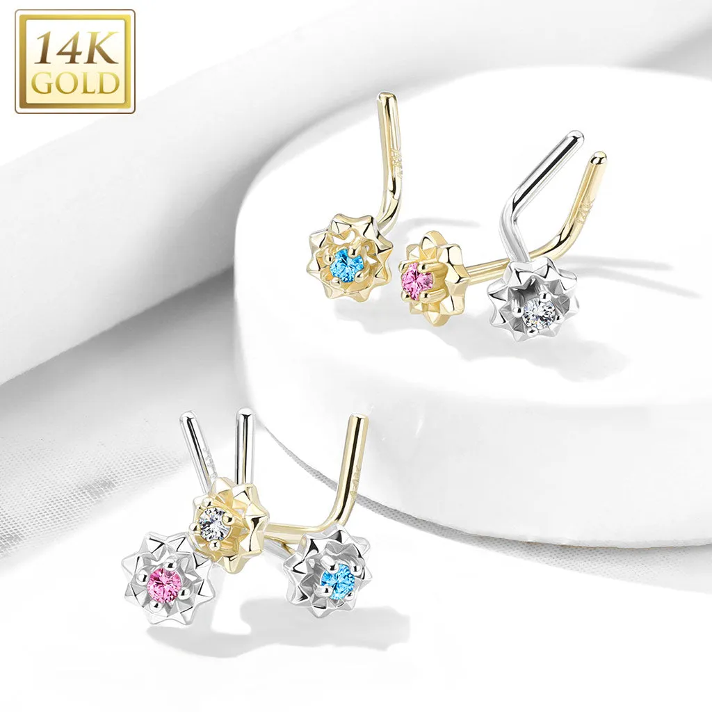 14K Solid Gold CZ Center Starburst L Bend Nose Ring