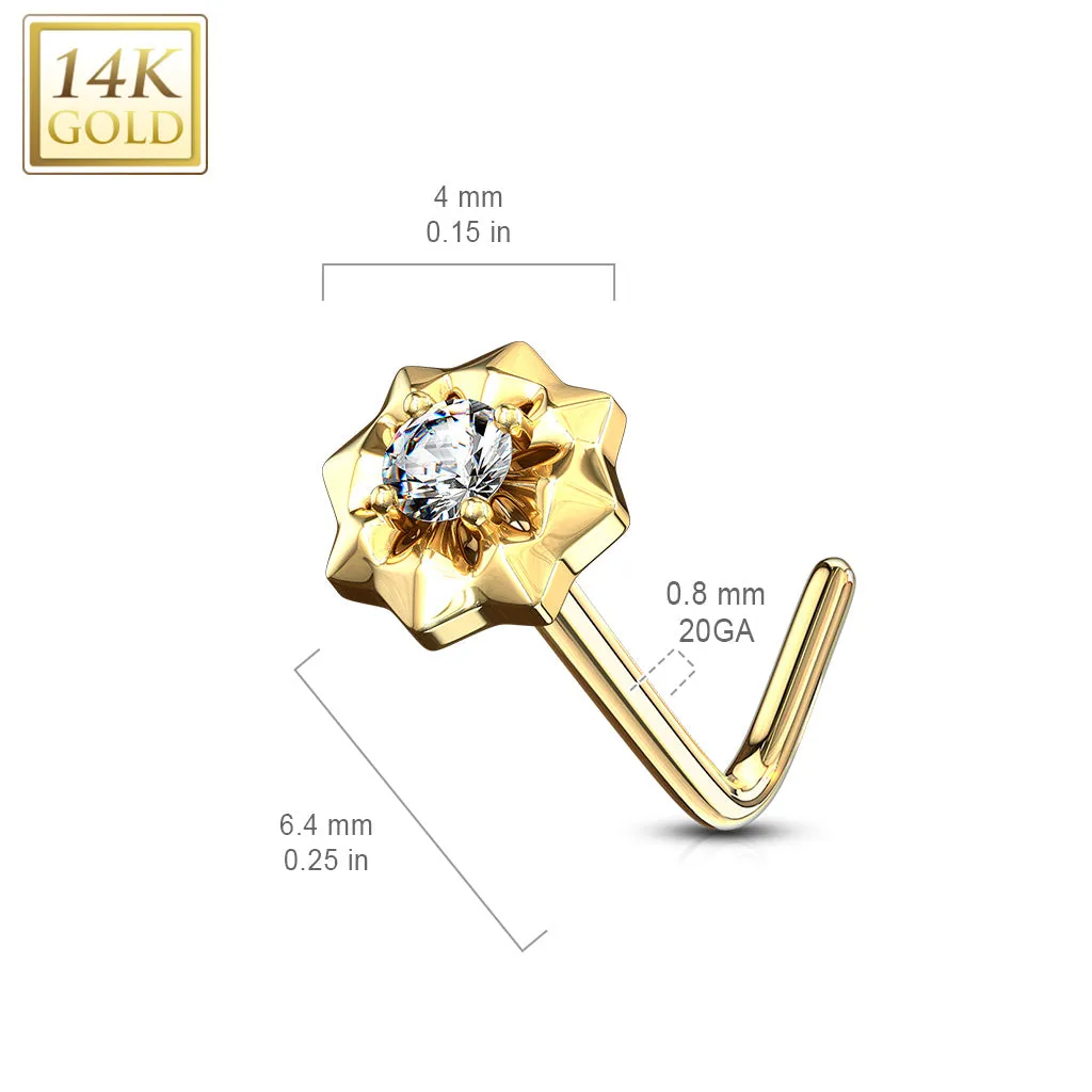 14K Solid Gold CZ Center Starburst L Bend Nose Ring