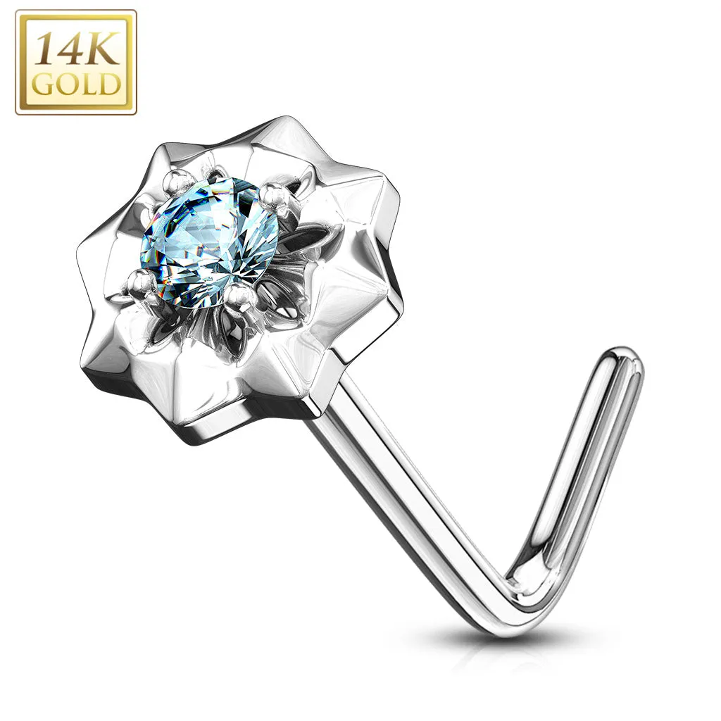 14K Solid Gold CZ Center Starburst L Bend Nose Ring