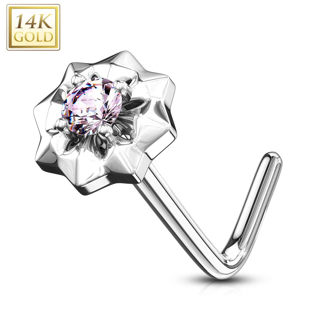 14K Solid Gold CZ Center Starburst L Bend Nose Ring