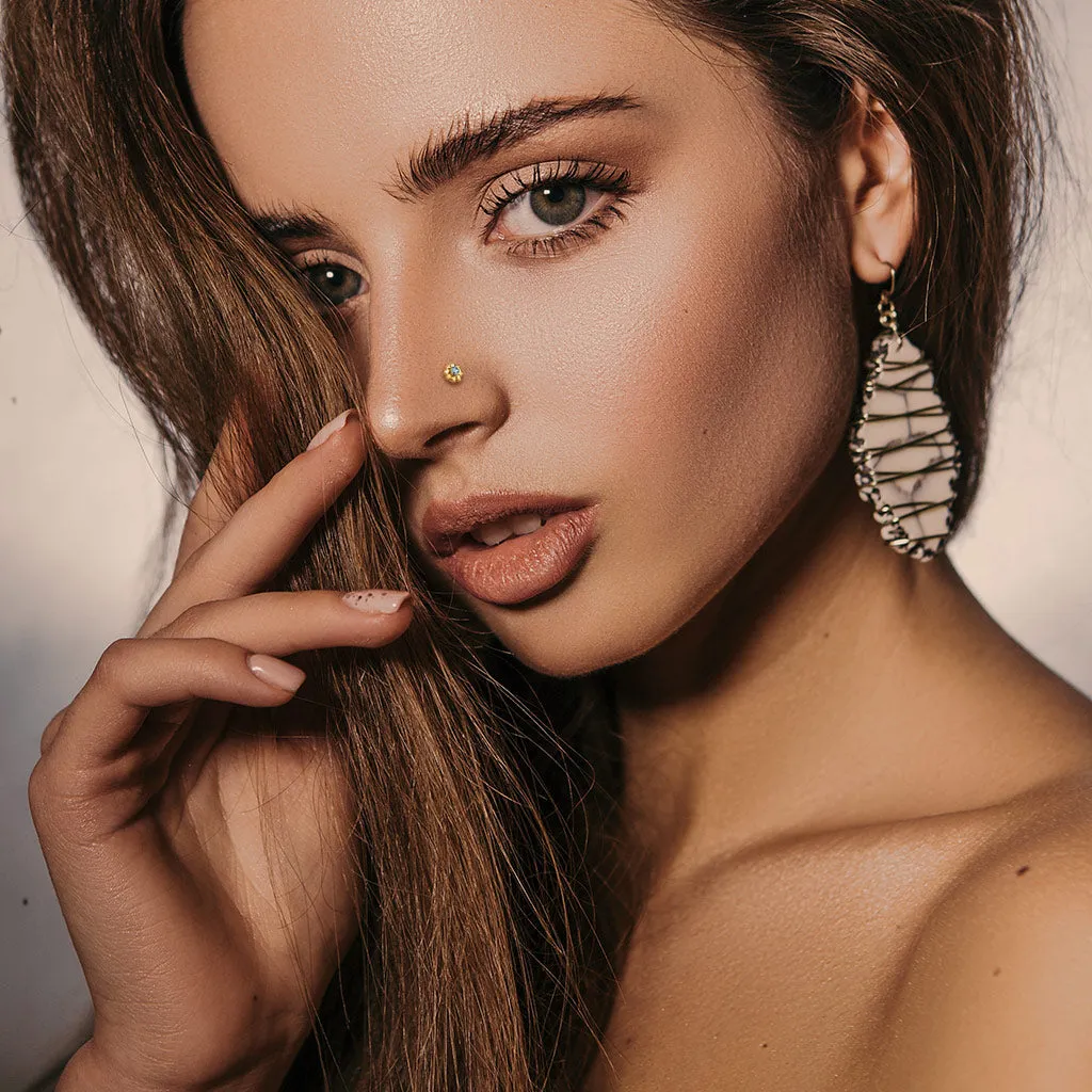 14K Solid Gold CZ Center Starburst L Bend Nose Ring