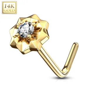 14K Solid Gold CZ Center Starburst L Bend Nose Ring