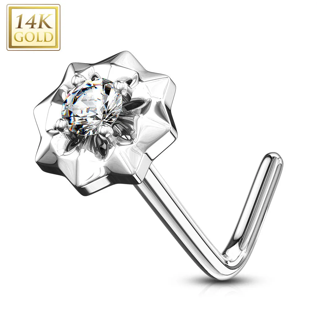 14K Solid Gold CZ Center Starburst L Bend Nose Ring