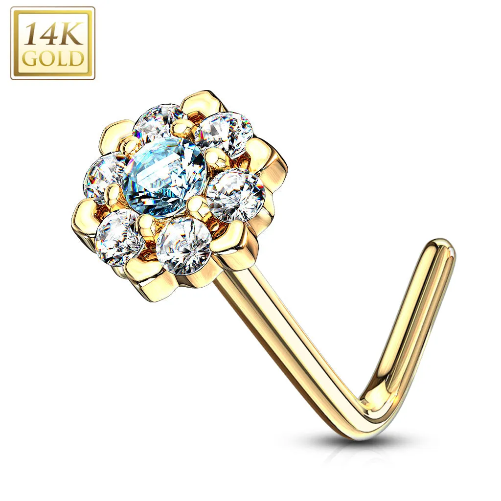 14K Solid Gold CZ Six Point Flower L Bend Nose Ring