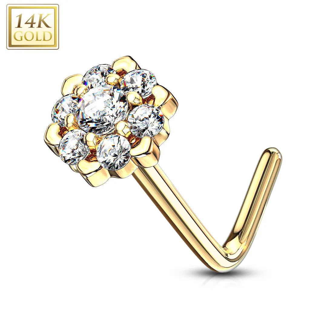 14K Solid Gold CZ Six Point Flower L Bend Nose Ring