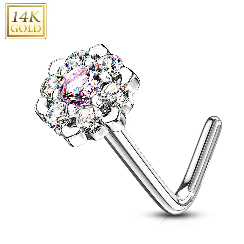 14K Solid Gold CZ Six Point Flower L Bend Nose Ring