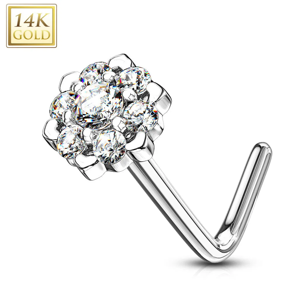 14K Solid Gold CZ Six Point Flower L Bend Nose Ring