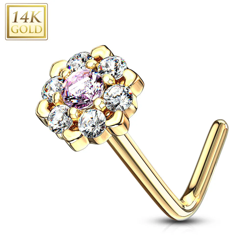 14K Solid Gold CZ Six Point Flower L Bend Nose Ring