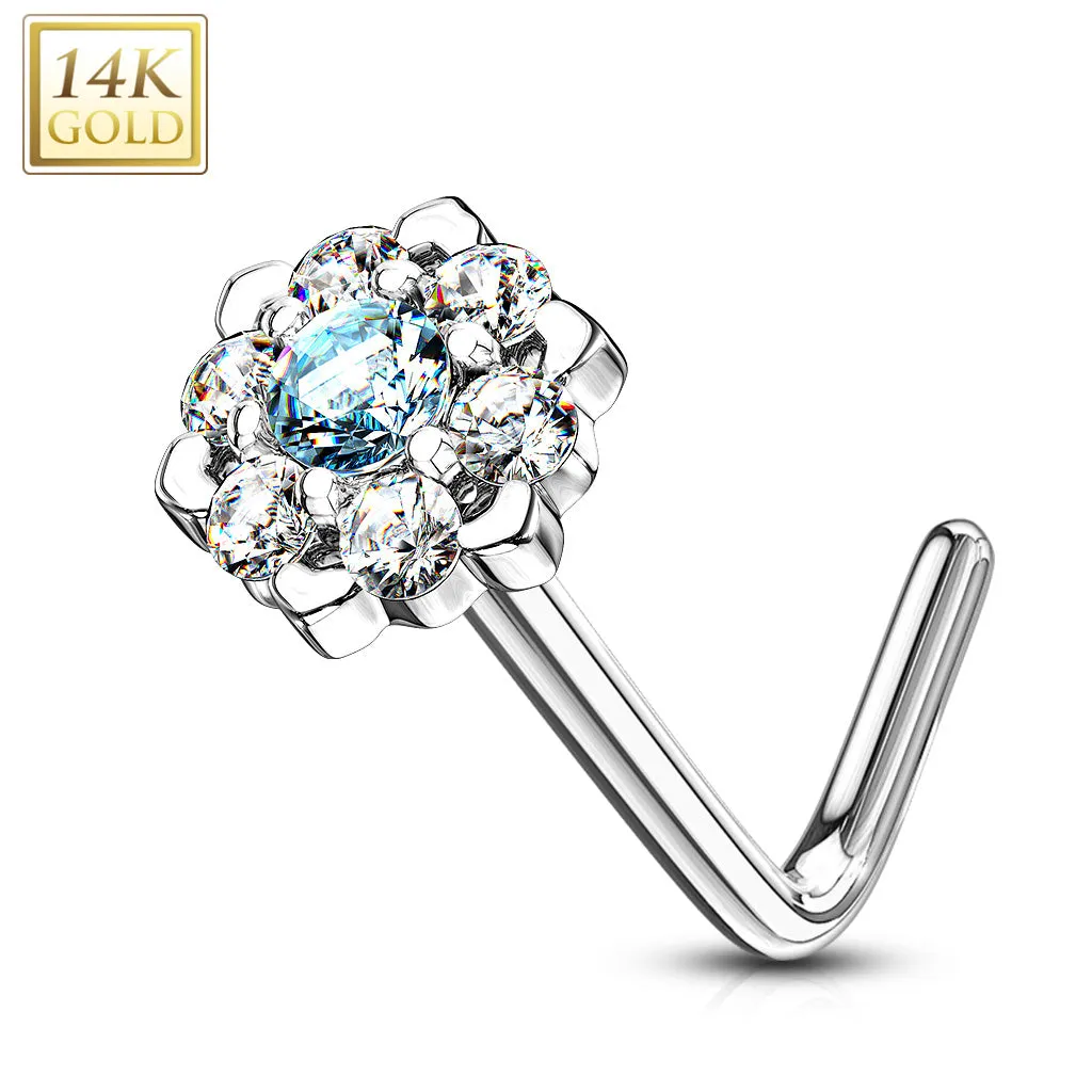 14K Solid Gold CZ Six Point Flower L Bend Nose Ring