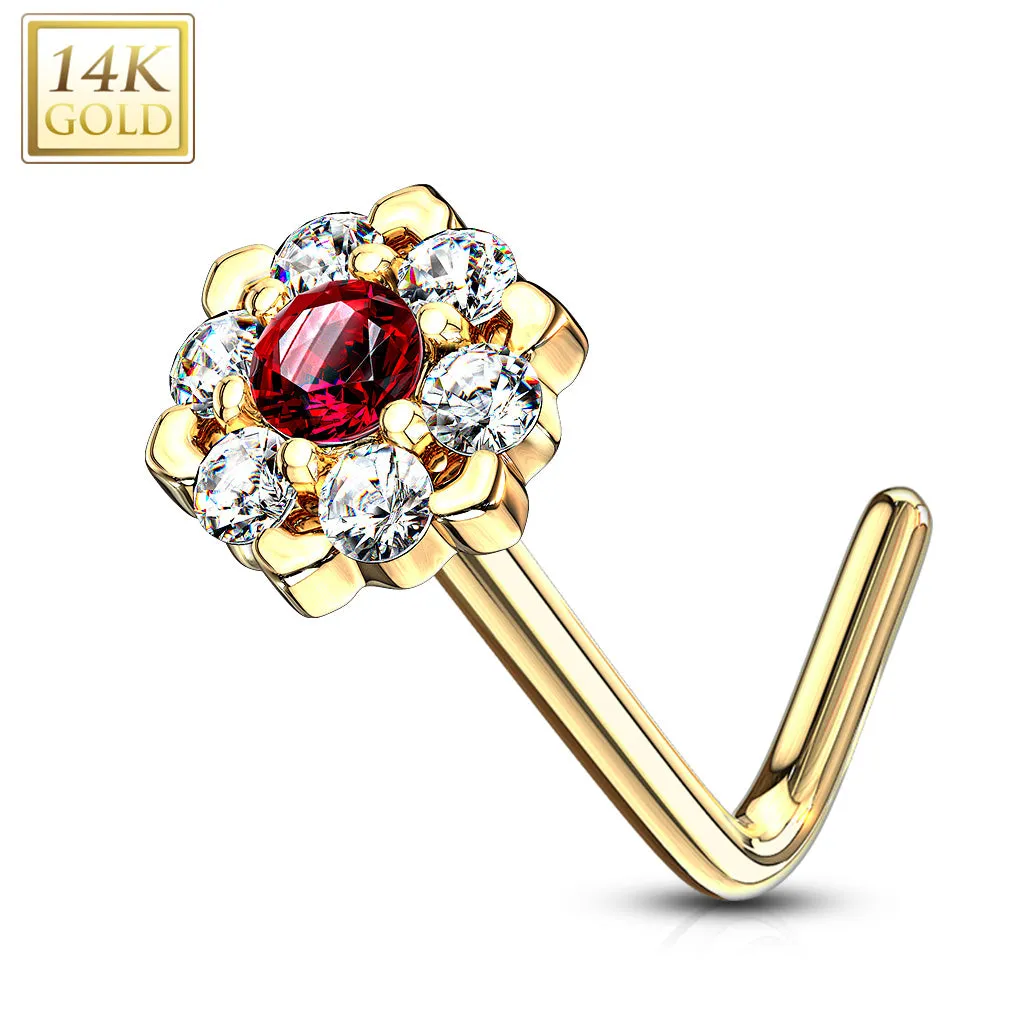 14K Solid Gold CZ Six Point Flower L Bend Nose Ring