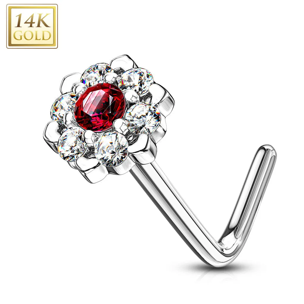14K Solid Gold CZ Six Point Flower L Bend Nose Ring