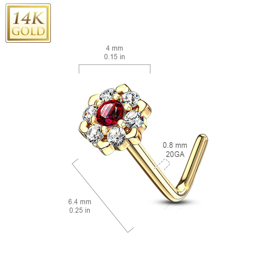 14K Solid Gold CZ Six Point Flower L Bend Nose Ring