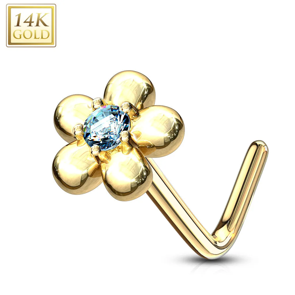 14K Solid Gold Five Petal Flower L Bend Nose Ring
